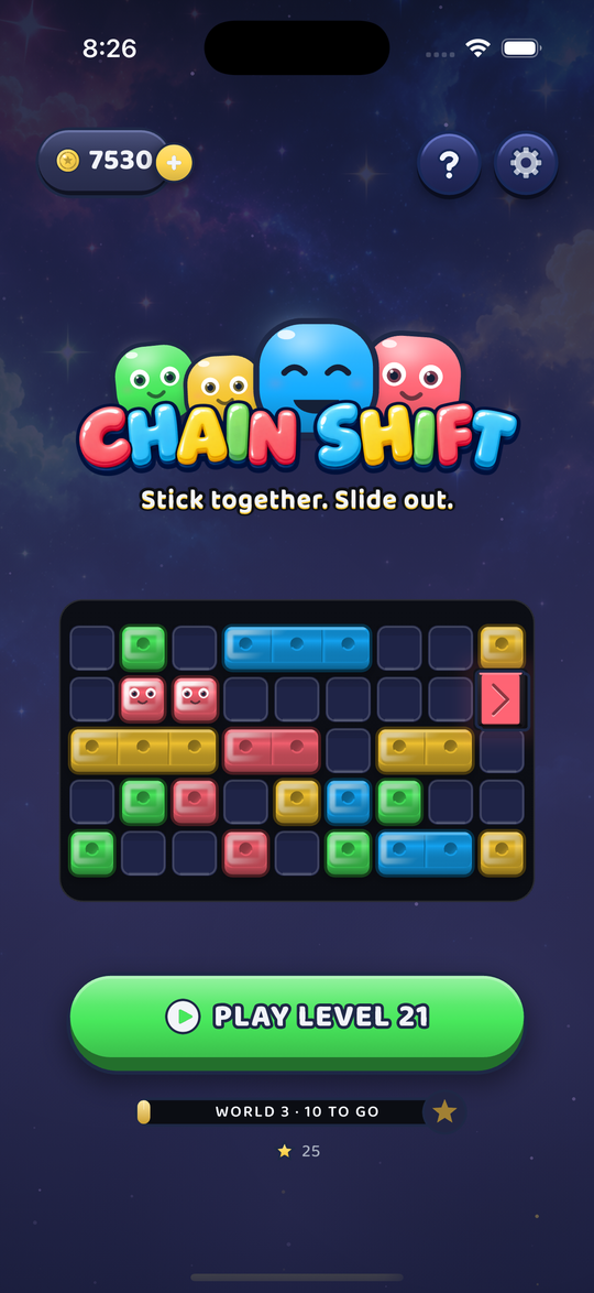 The Chain Shift home screen: the candy cast and a board