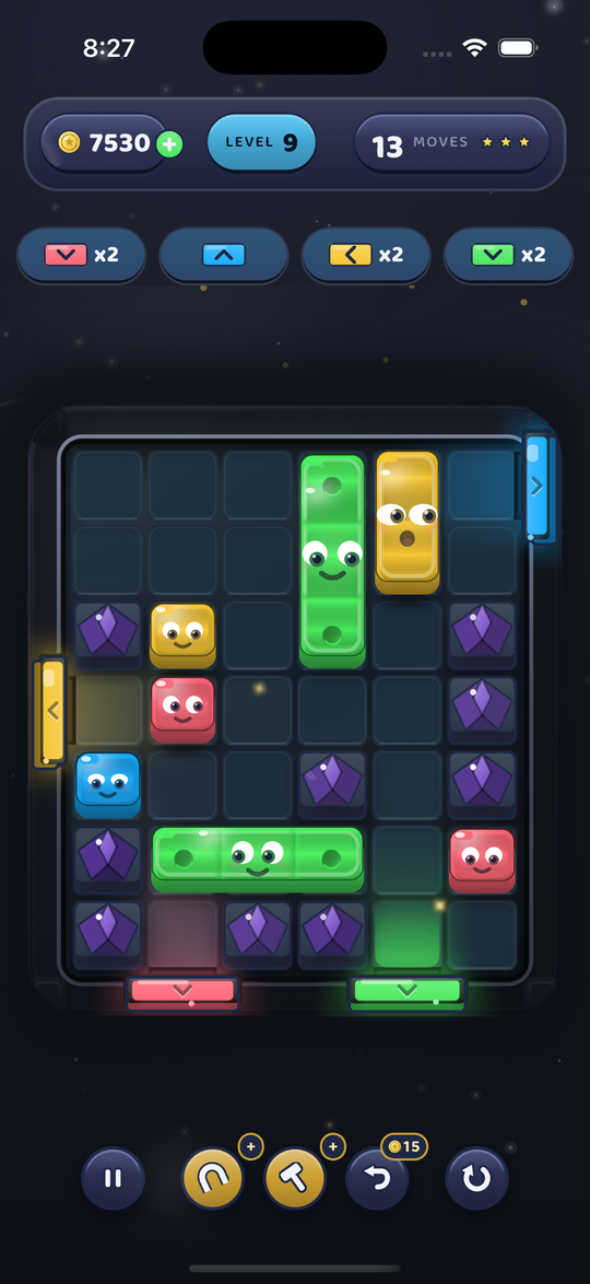 A Chain Shift puzzle mid-play, chains of candy and coloured doors