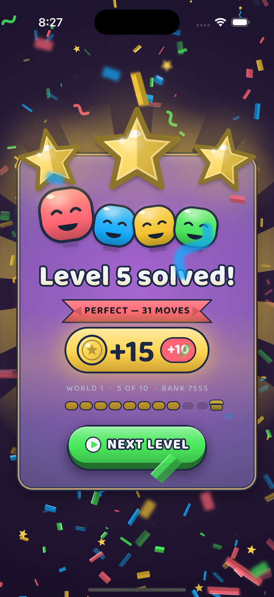 A solved level: three stars, a perfect-run ribbon and a coin payout